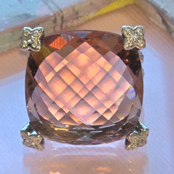 David Yurman Jewelry - David Yurman Rose-Pink Cushion Cut Gemstone Ring with Pavé Prongs